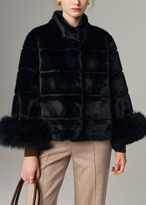 Black Warm Fox Fur Patchwork Mink Velvet Coats Stand Collar Winter