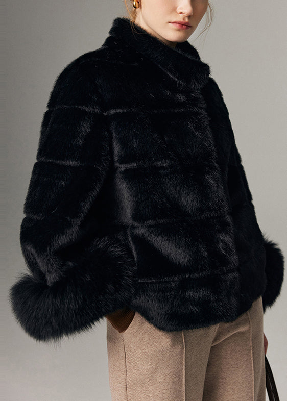 Black Warm Fox Fur Patchwork Mink Velvet Coats Stand Collar Winter