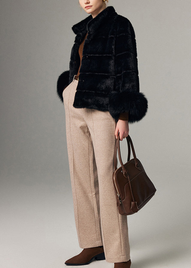Black Warm Fox Fur Patchwork Mink Velvet Coats Stand Collar Winter
