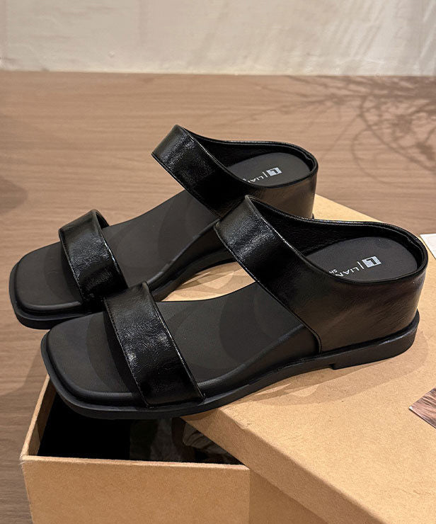 Black Wedge Faux Leather Handmade Thong Sandals