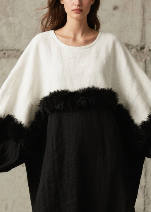 Black White Patchwork Faux Fur Robe Dresses Oversized Batwing Sleeve