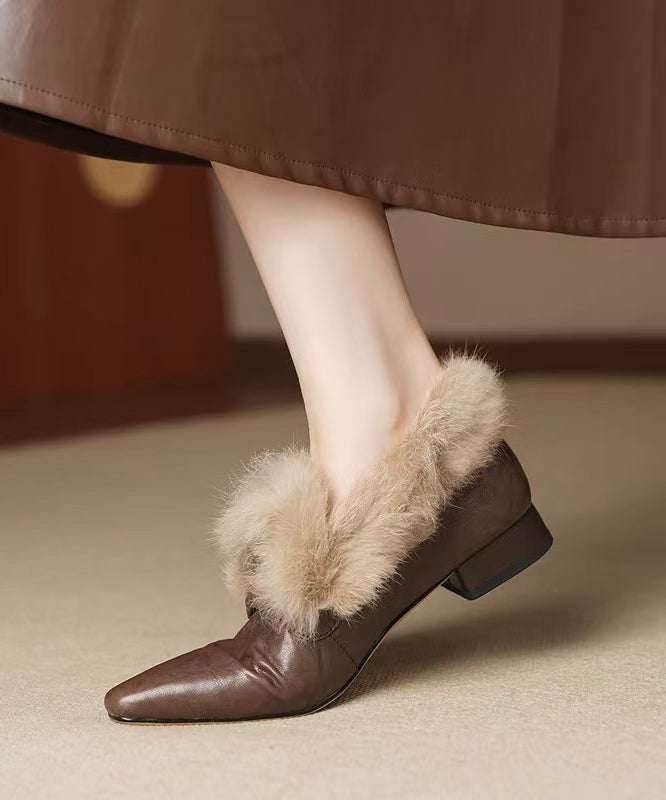 Black Women Cowhide Leather Comfy Splicing Flats Fuzzy Wool Lined