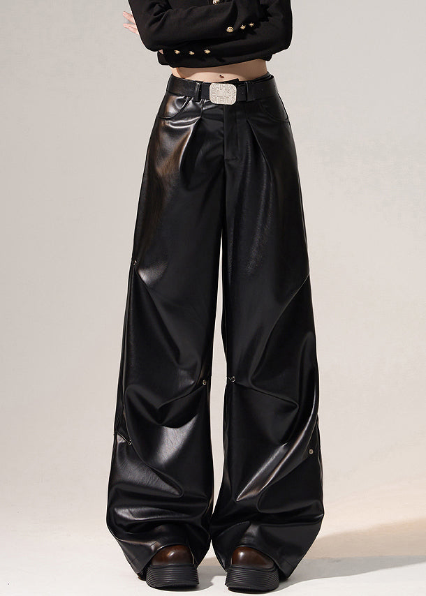 Black Wrinkled High Waist Warm Fleece Wide Leg Pants Winter