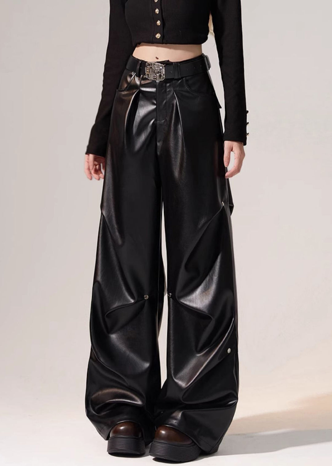 Black Wrinkled High Waist Warm Fleece Wide Leg Pants Winter