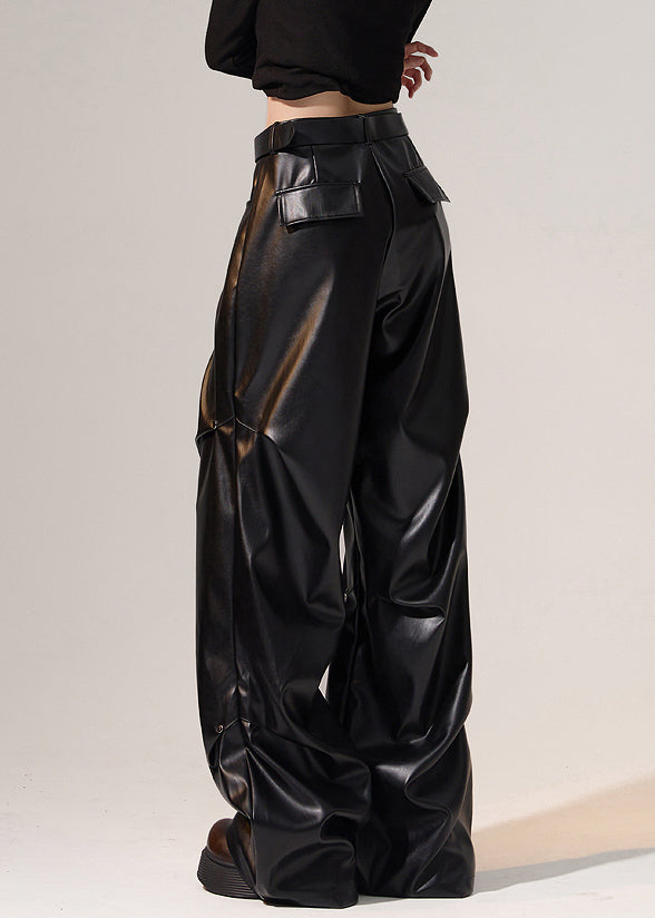 Black Wrinkled High Waist Warm Fleece Wide Leg Pants Winter