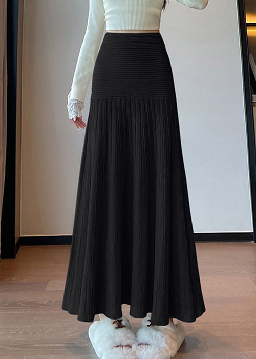 Black Wrinkled Knit A Line Skirts High Waist