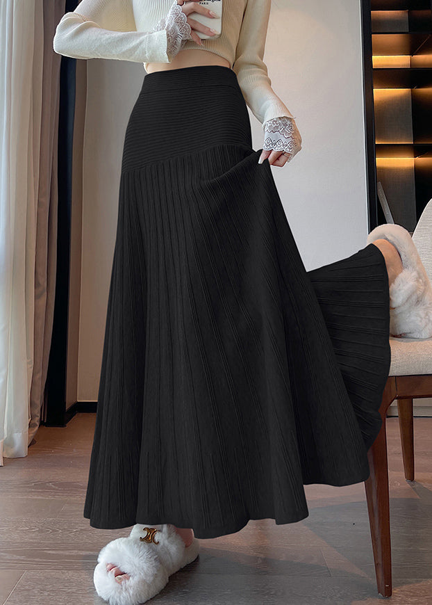 Black Wrinkled Knit A Line Skirts High Waist