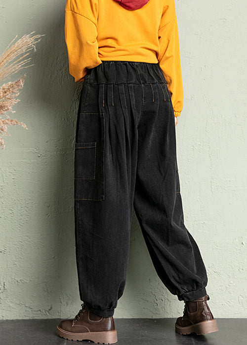 Black Wrinkled Loose Denim Lantern Pants High Waist Spring