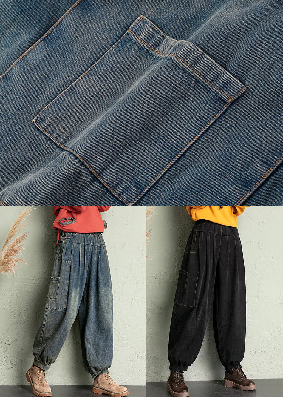 Black Wrinkled Loose Denim Lantern Pants High Waist Spring