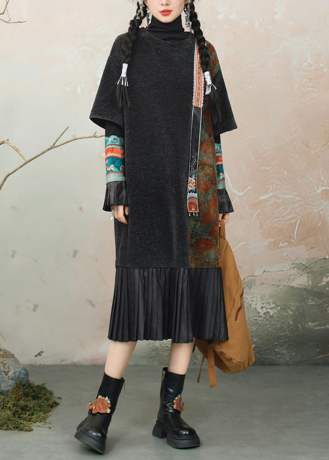 Black Wrinkled Patchwork Chenille Dress O Neck