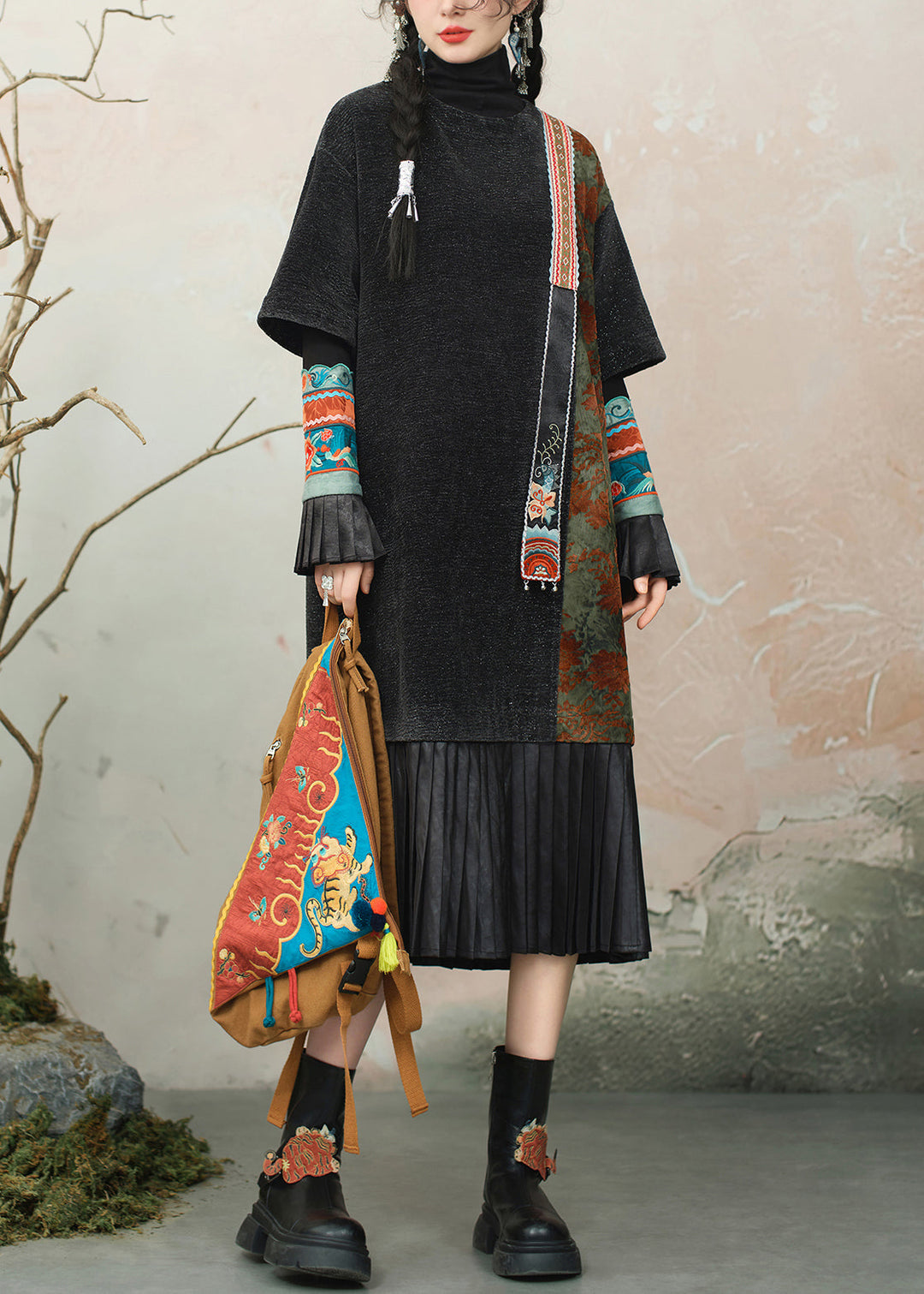 Black Wrinkled Patchwork Chenille Dress O Neck