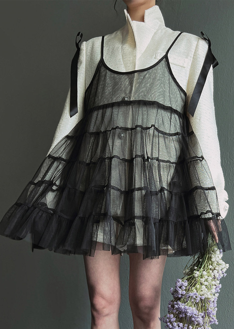 Black Wrinkled Patchwork Tulle Mid Spaghetti Strap Dress Sleeveless