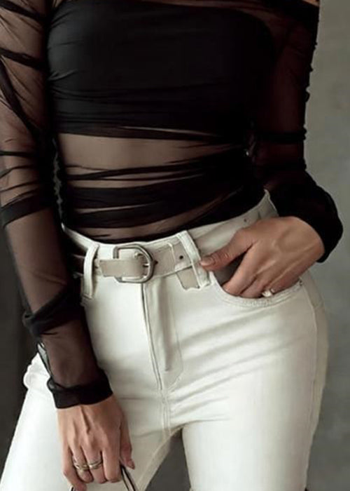 Black Wrinkled Perspective Tulle T Shirt Slash Neck