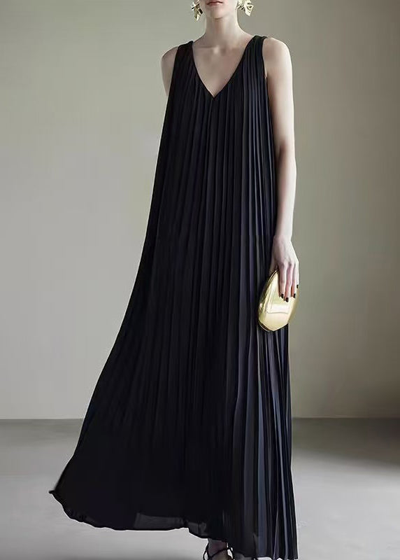 Black Wrinkled Pockets Chiffon Long Dresses V Neck Summer - Omychic