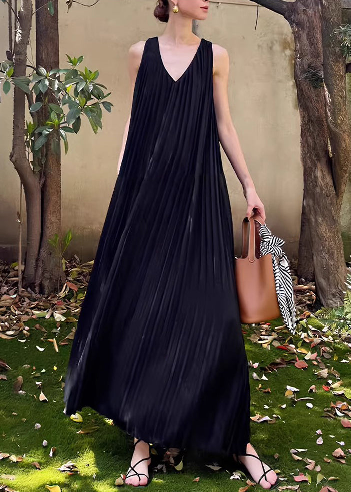 Black Wrinkled Pockets Chiffon Long Dresses V Neck Summer - Omychic