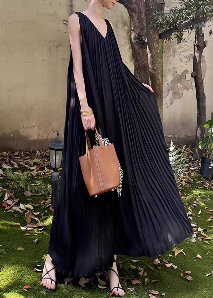 Black Wrinkled Pockets Chiffon Long Dresses V Neck Summer - Omychic