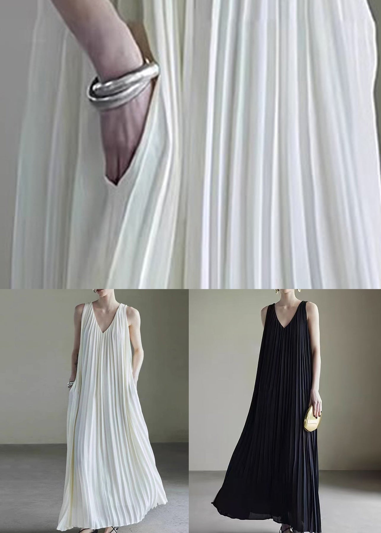 Black Wrinkled Pockets Chiffon Long Dresses V Neck Summer - Omychic