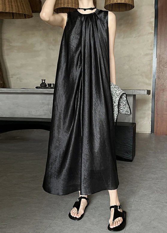 Black Wrinkled Silk Long Dress O Neck Summer