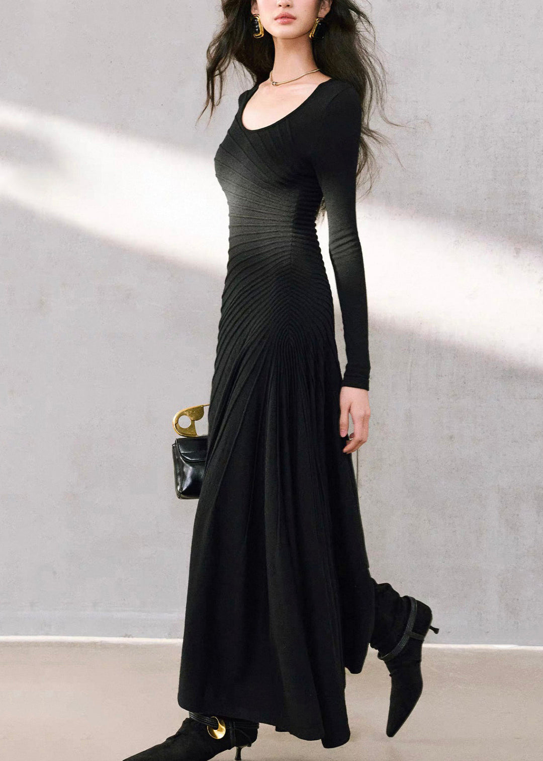 Black Wrinkled Slim Solid Long Fishtail Dress Spring