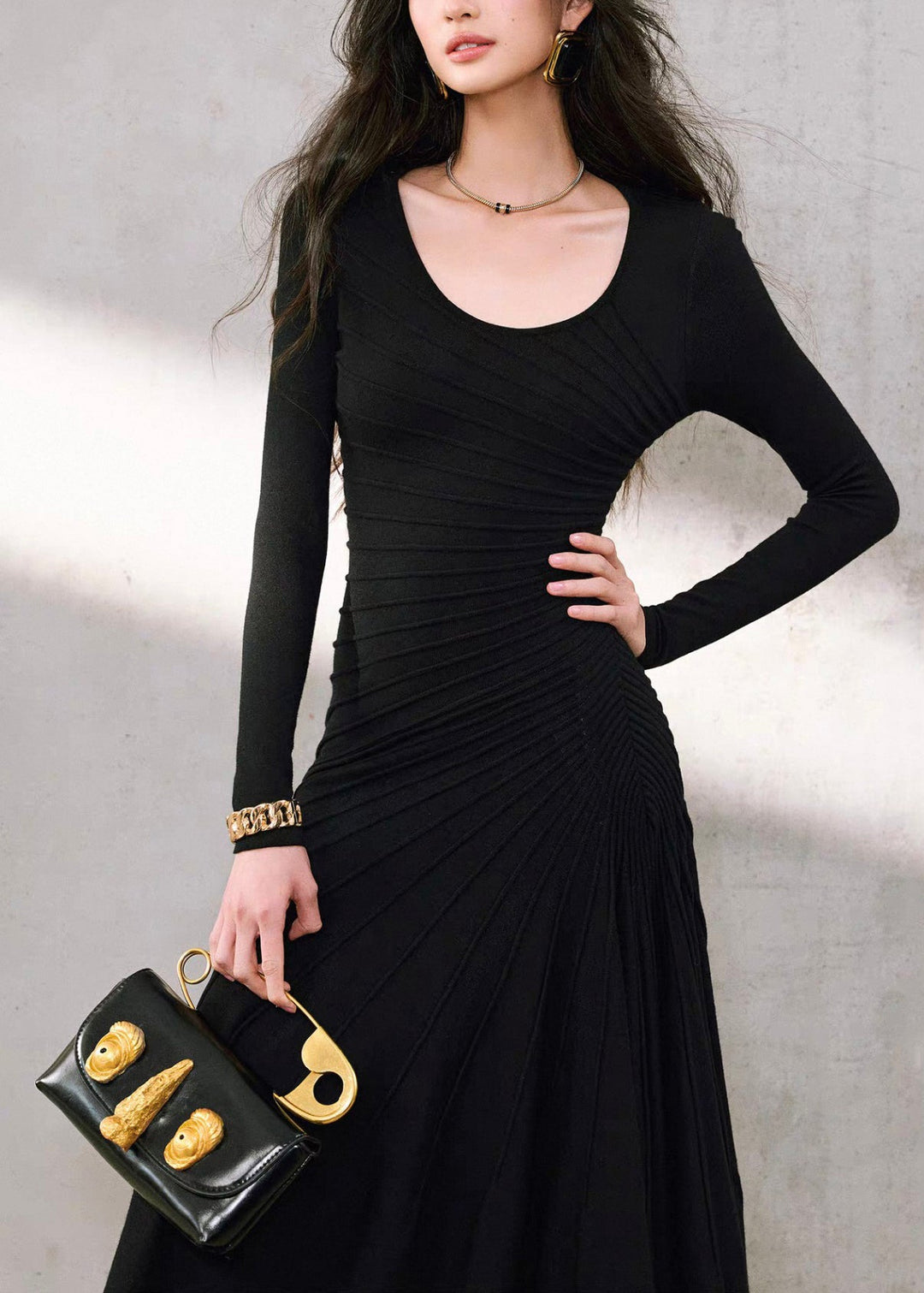 Black Wrinkled Slim Solid Long Fishtail Dress Spring