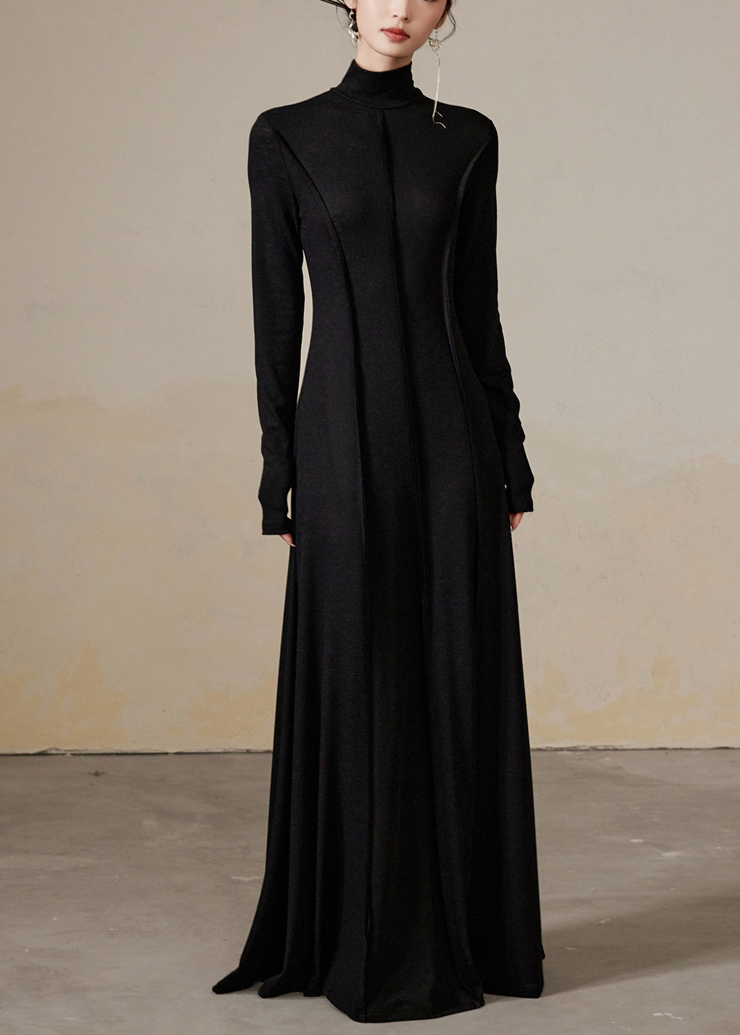 Black Wrinkled Solid Cotton Long Dresses Turtleneck – Omychic
