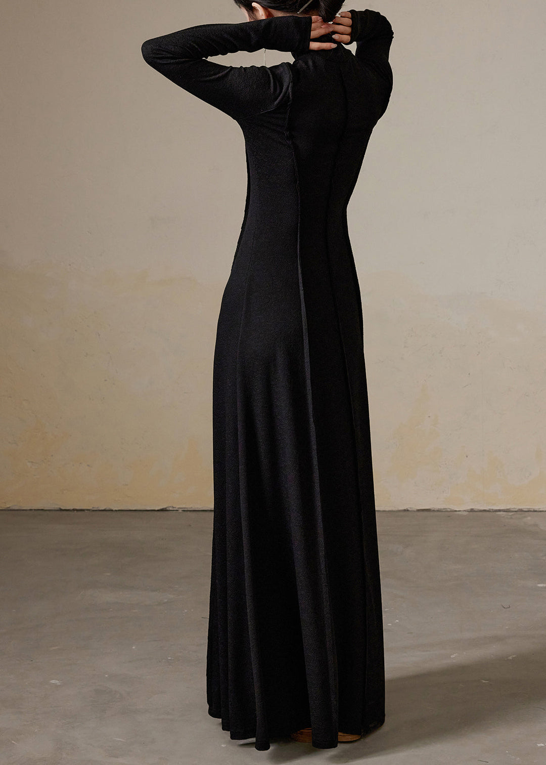 Black Wrinkled Solid Cotton Long Dresses Turtleneck