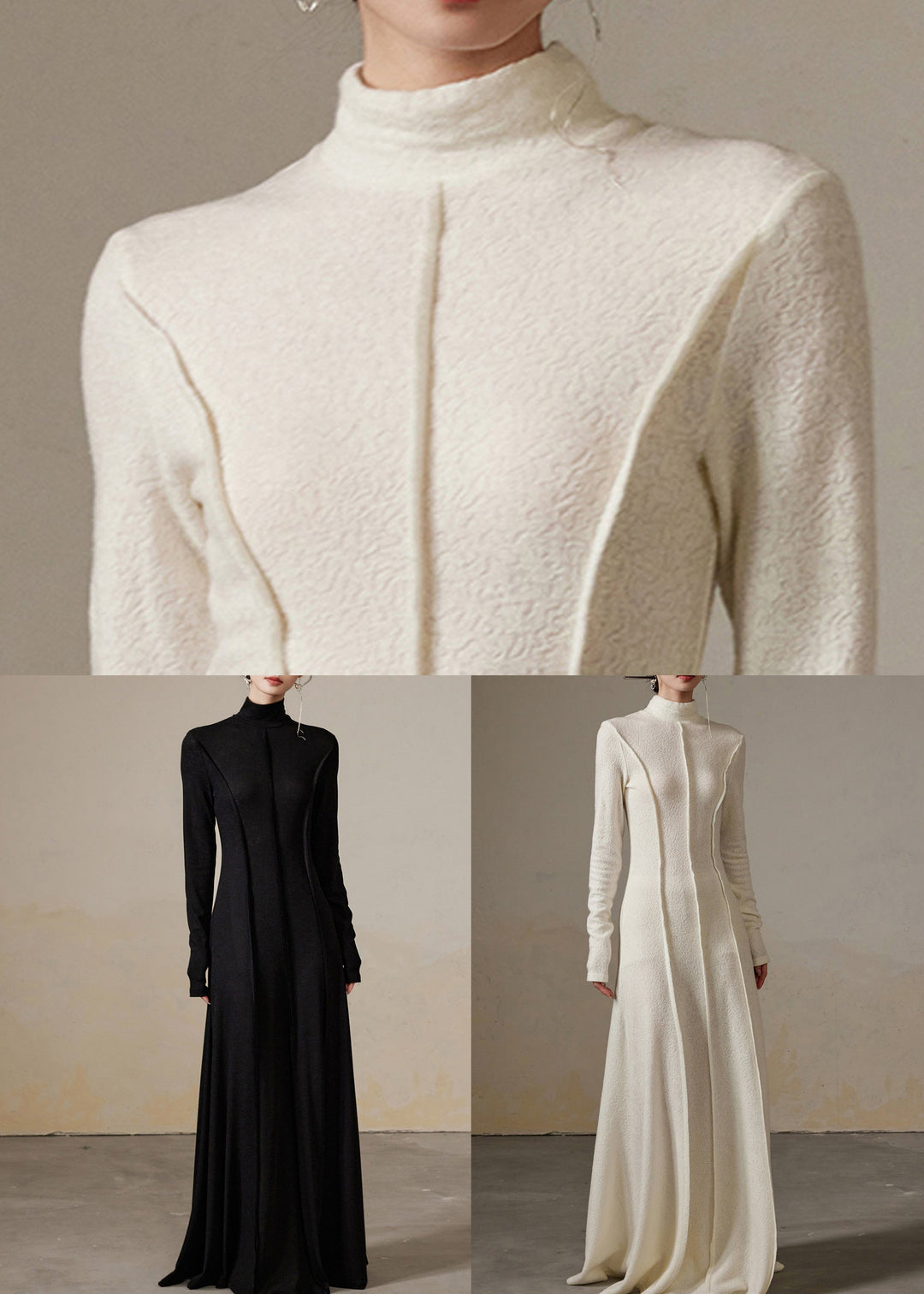 Black Wrinkled Solid Cotton Long Dresses Turtleneck