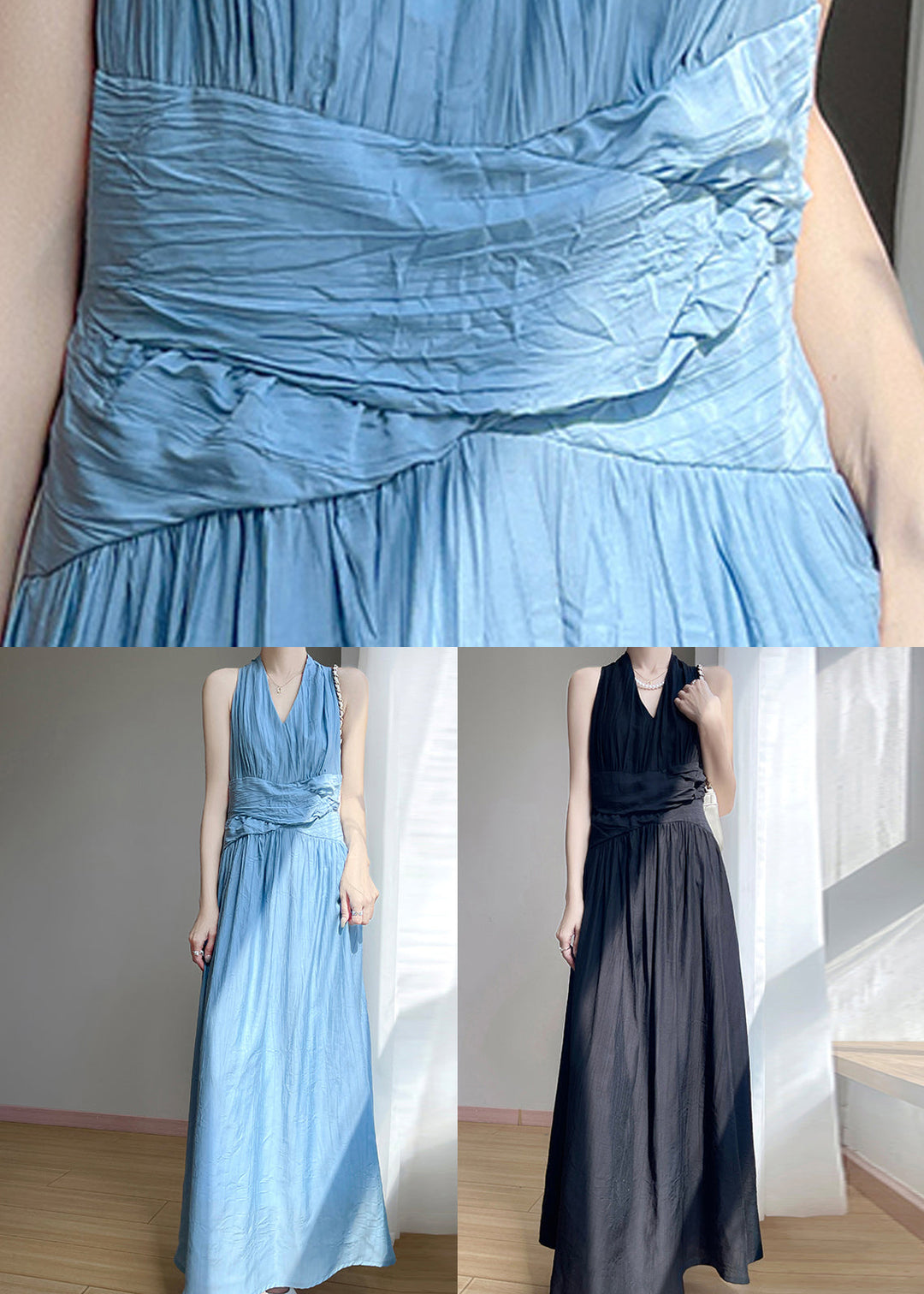 Black Wrinkled Solid Cotton Maxi Dresses V Neck Summer