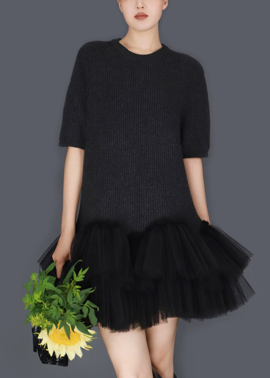 Black Wrinkled Tulle Patchwork Knit Sweater Dress O Neck Short Sleeve