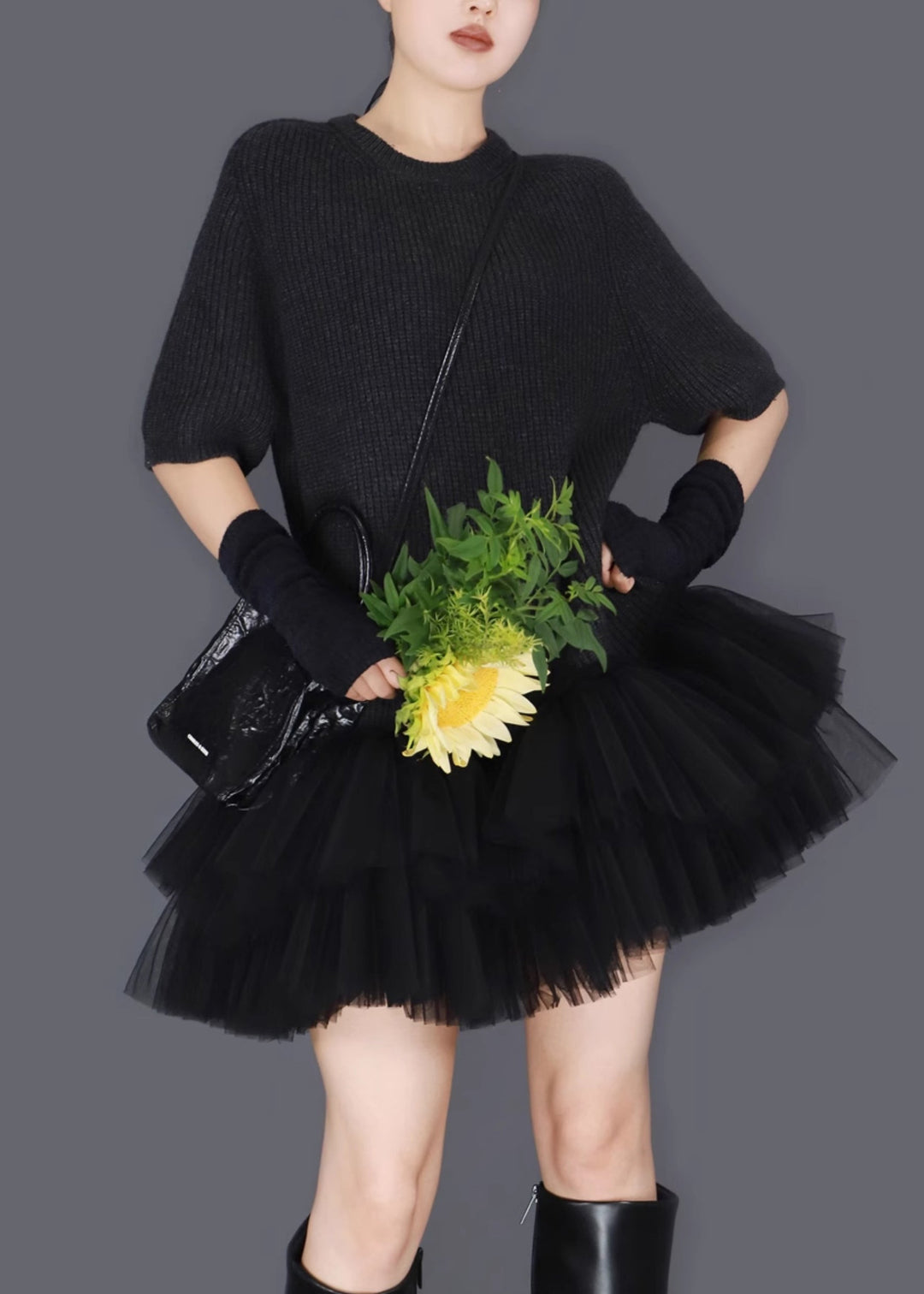 Black Wrinkled Tulle Patchwork Knit Sweater Dress O Neck Short Sleeve