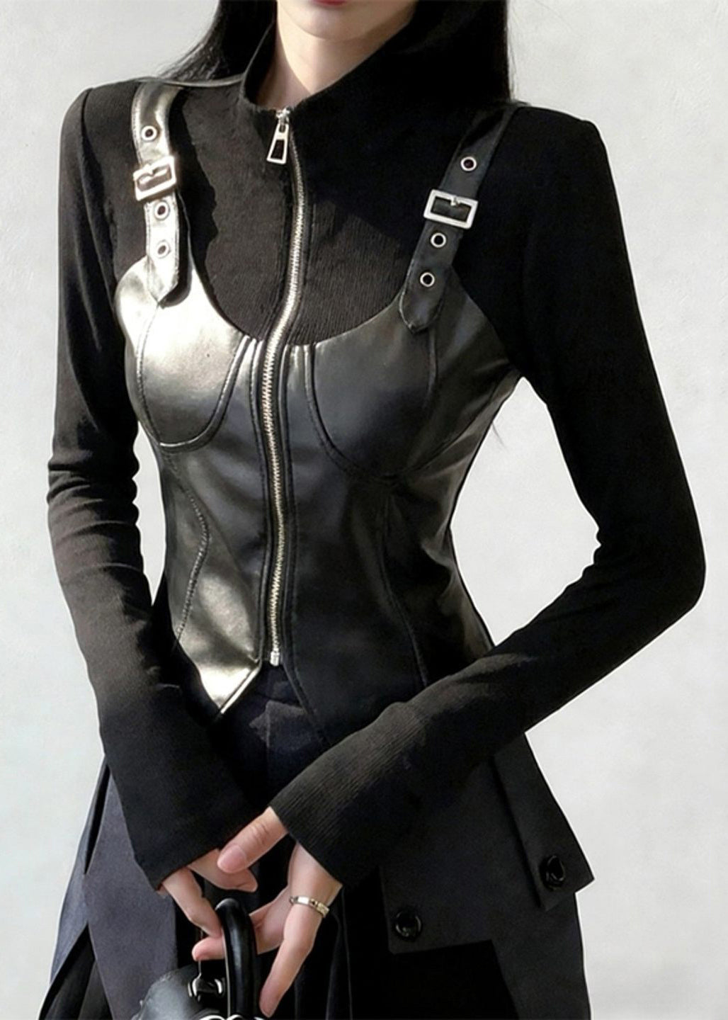 Black Zip Up Faux Leather Patchwork T Shirt Stand Collar Spring