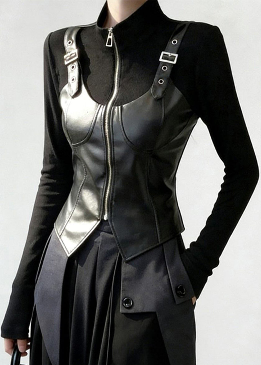 Black Zip Up Faux Leather Patchwork T Shirt Stand Collar Spring