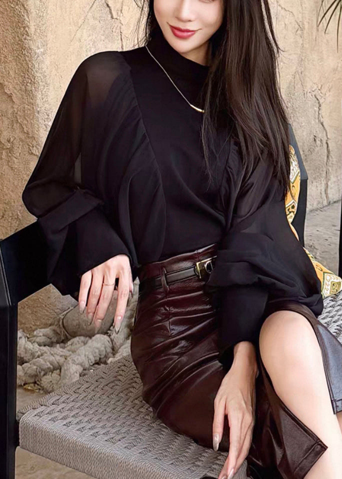 Black Zippered Chiffon Patchwork Shirt Wrinkled Batwing Sleeve