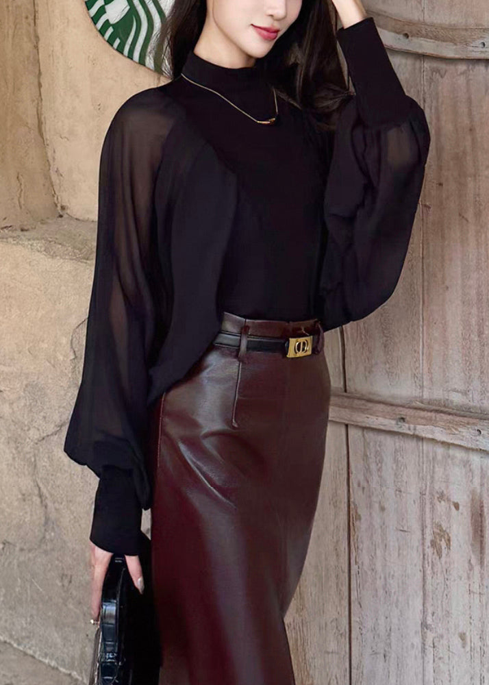 Black Zippered Chiffon Patchwork Shirt Wrinkled Batwing Sleeve