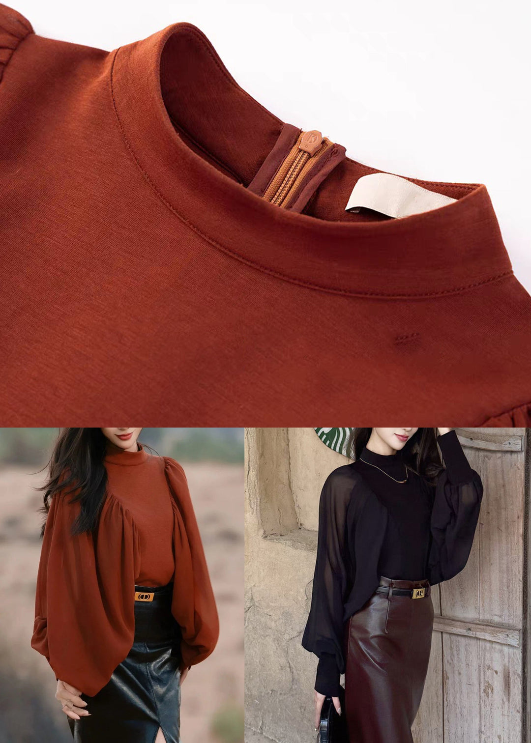 Black Zippered Chiffon Patchwork Shirt Wrinkled Batwing Sleeve