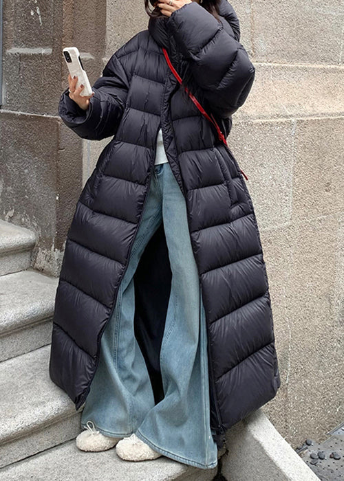 Black Zippered Drawstring Oversized Duck Down Puffer Coat Hooded