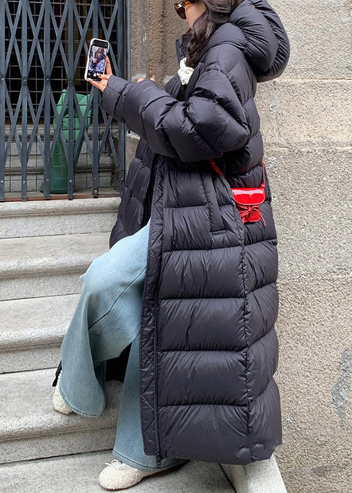 Black Zippered Drawstring Oversized Duck Down Puffer Coat Hooded
