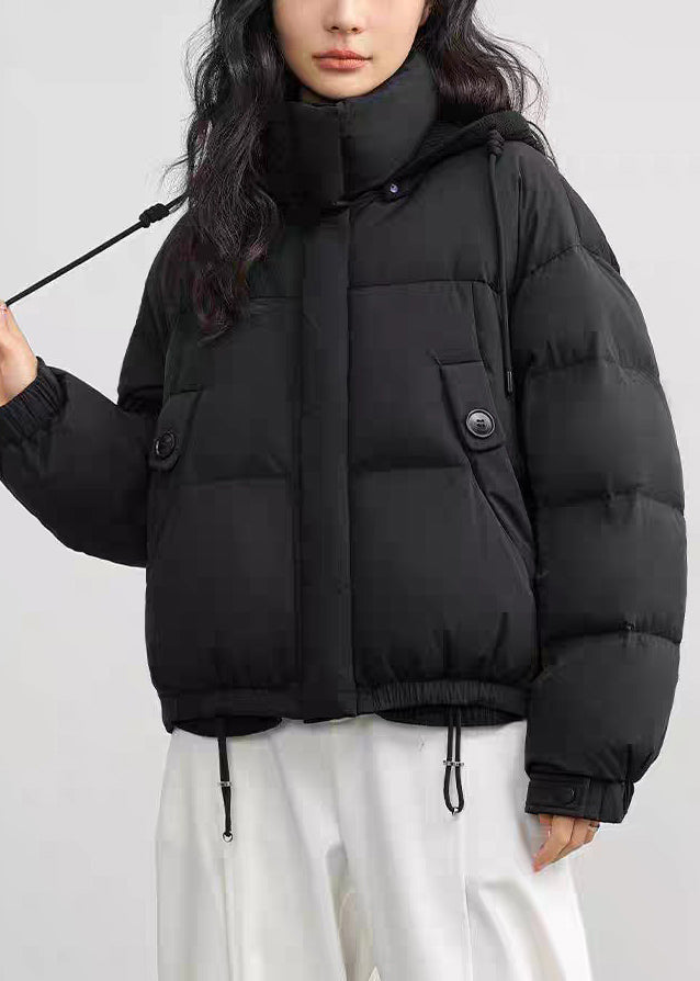 Black Zippered Drawstring Patchwork Duck Down Winter Down Coat Hooded