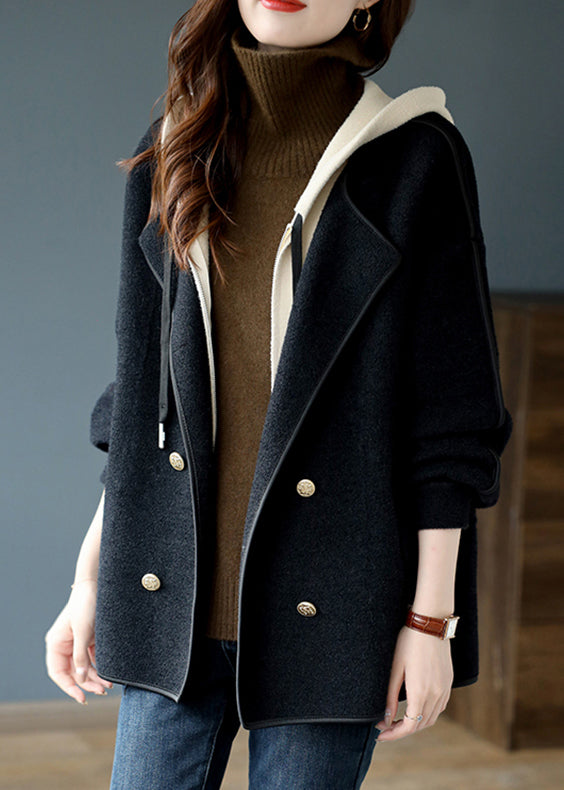 Black Zippered False Two Pieces Patchwork Woolen Coats Hooded