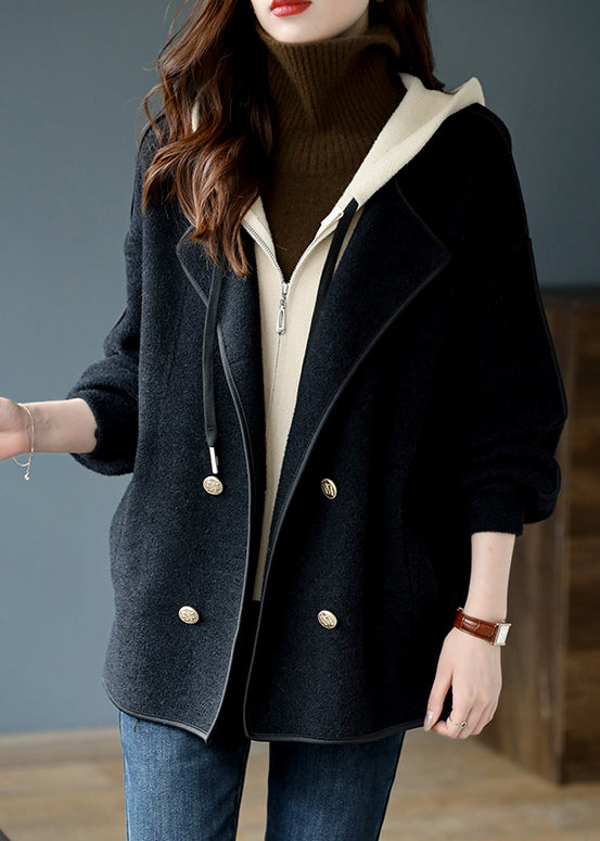 Black Zippered False Two Pieces Patchwork Woolen Coats Hooded
