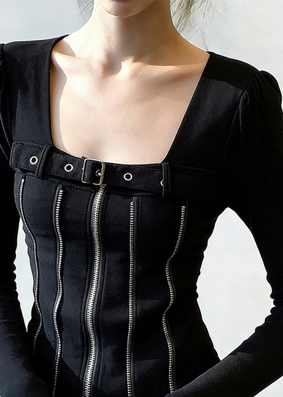 Black Zippered Patchwork Cotton T Shirt Square Collar Spring