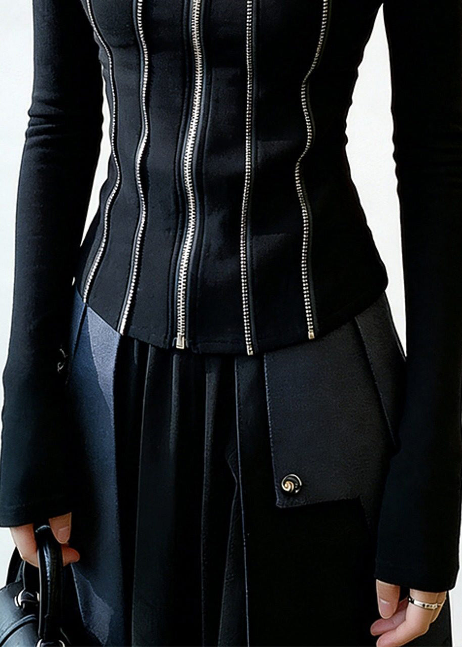 Black Zippered Patchwork Cotton T Shirt Square Collar Spring