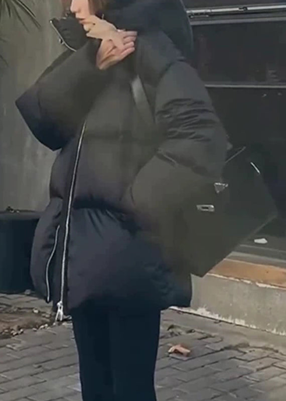 Black Zippered Patchwork Hooded Down Coats Lantern Sleeve