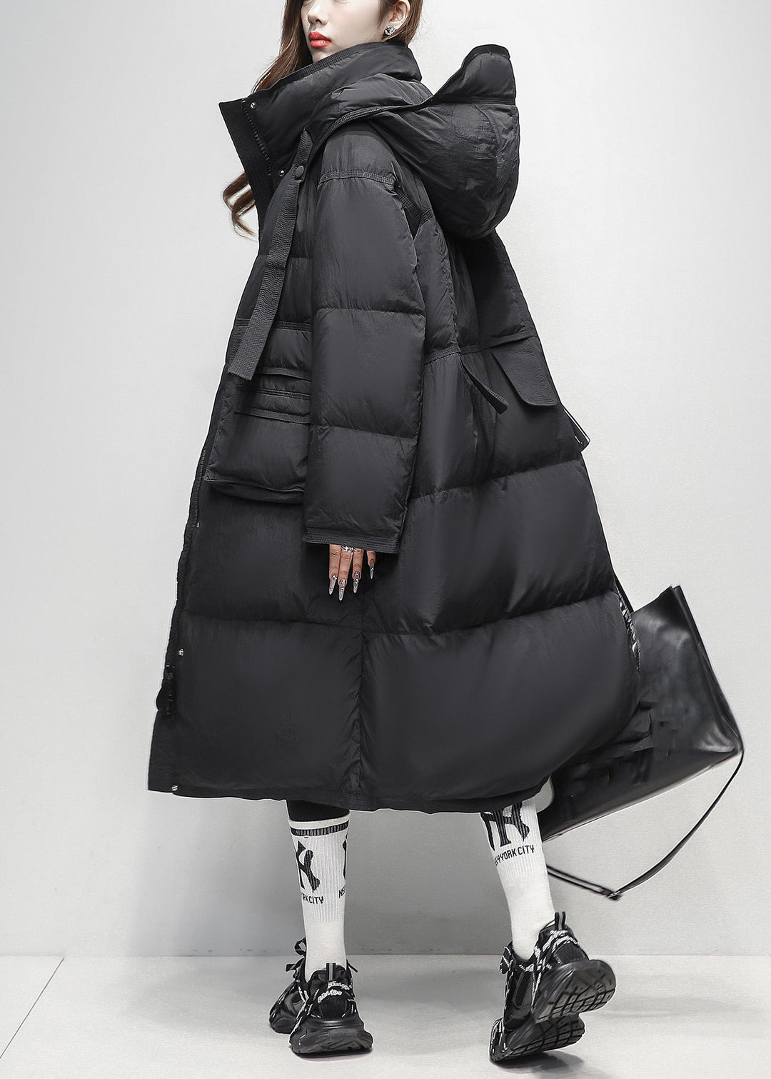 Black Zippered Pockets Duck Down Winter Down Long Coat Hooded