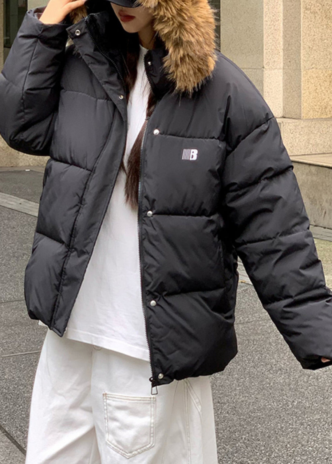 Black Zippered Pockets Patchwork Hooded Parkaer Winter