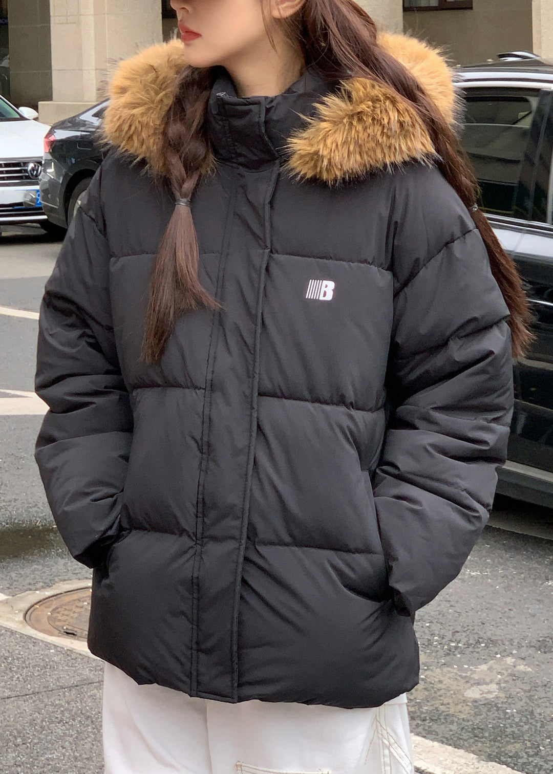 Black Zippered Pockets Patchwork Hooded Parkaer Winter