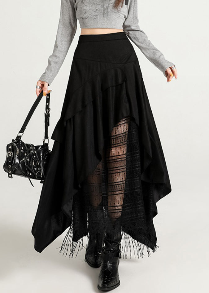 Black Zippered Tasseled Lace Faux Suede Skirts Asymmetrical