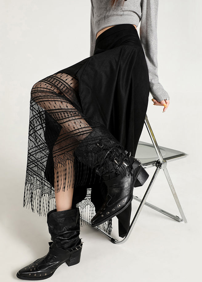 Black Zippered Tasseled Lace Faux Suede Skirts Asymmetrical