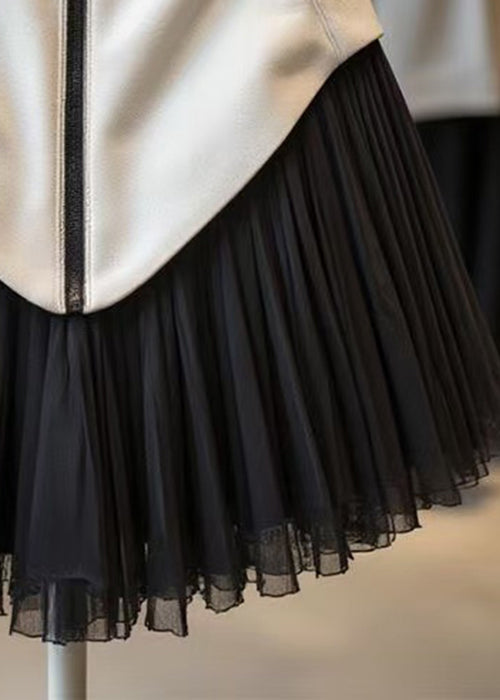 Black Zippered Tulle Patchwork Faux Leather Skirts Wrinkled