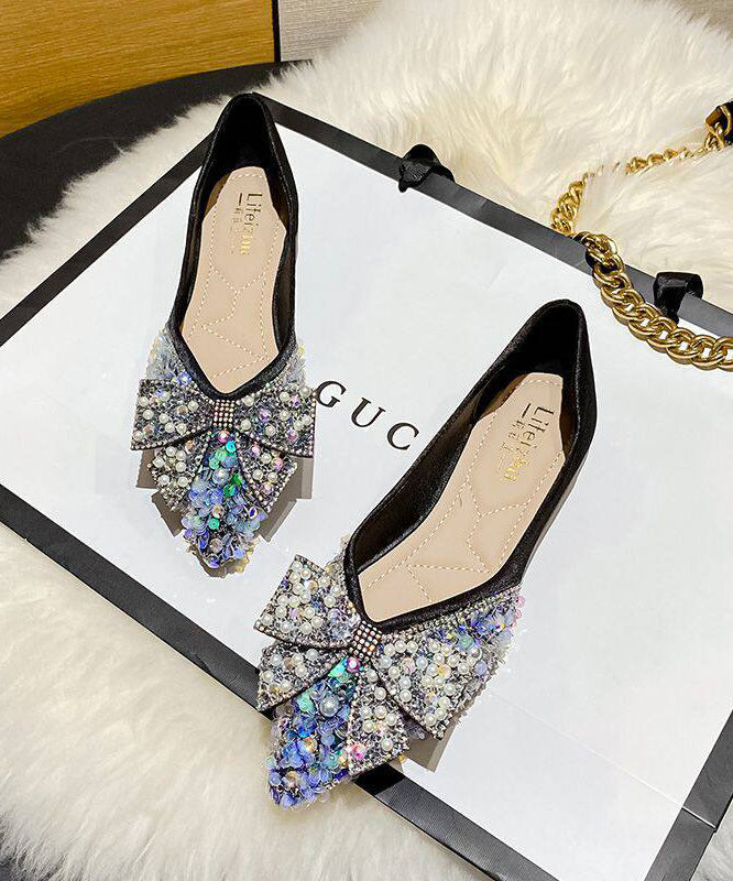 Black Zircon Flat Feet Shoes Pointed Toe Handmade Splicing Bow